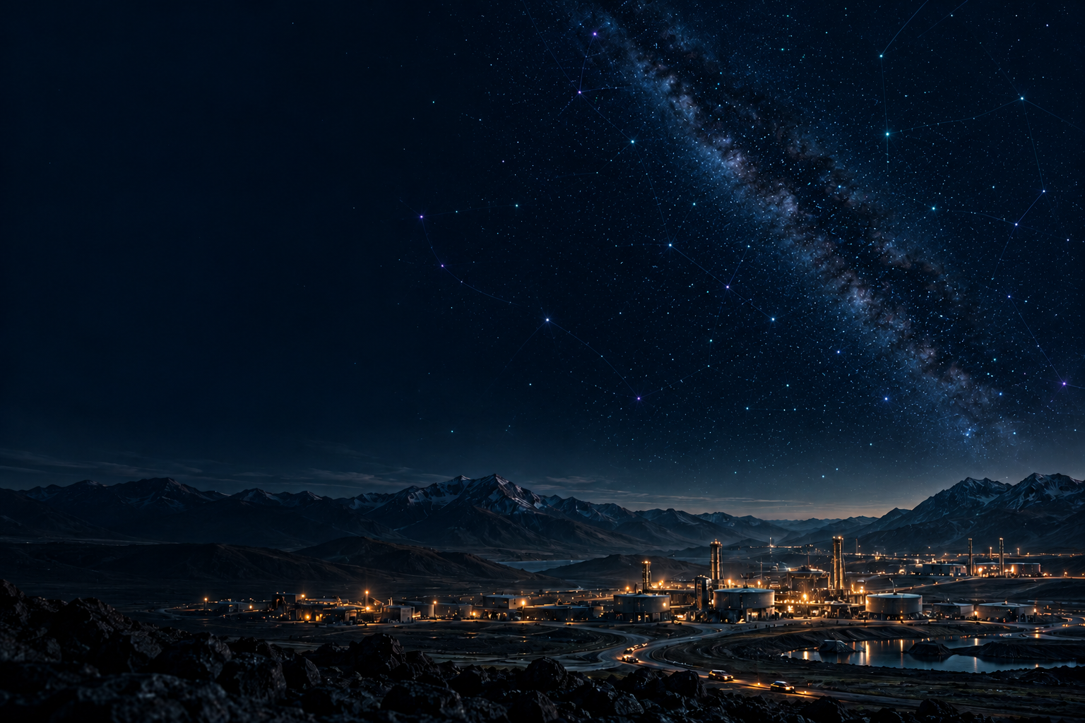Campamento industrial iluminado entre montañas bajo un cielo tecnológico